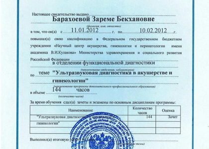 Свидетельство. УЗИ в акушестве и гинекологии. Барахоева Зарема Бекхановна